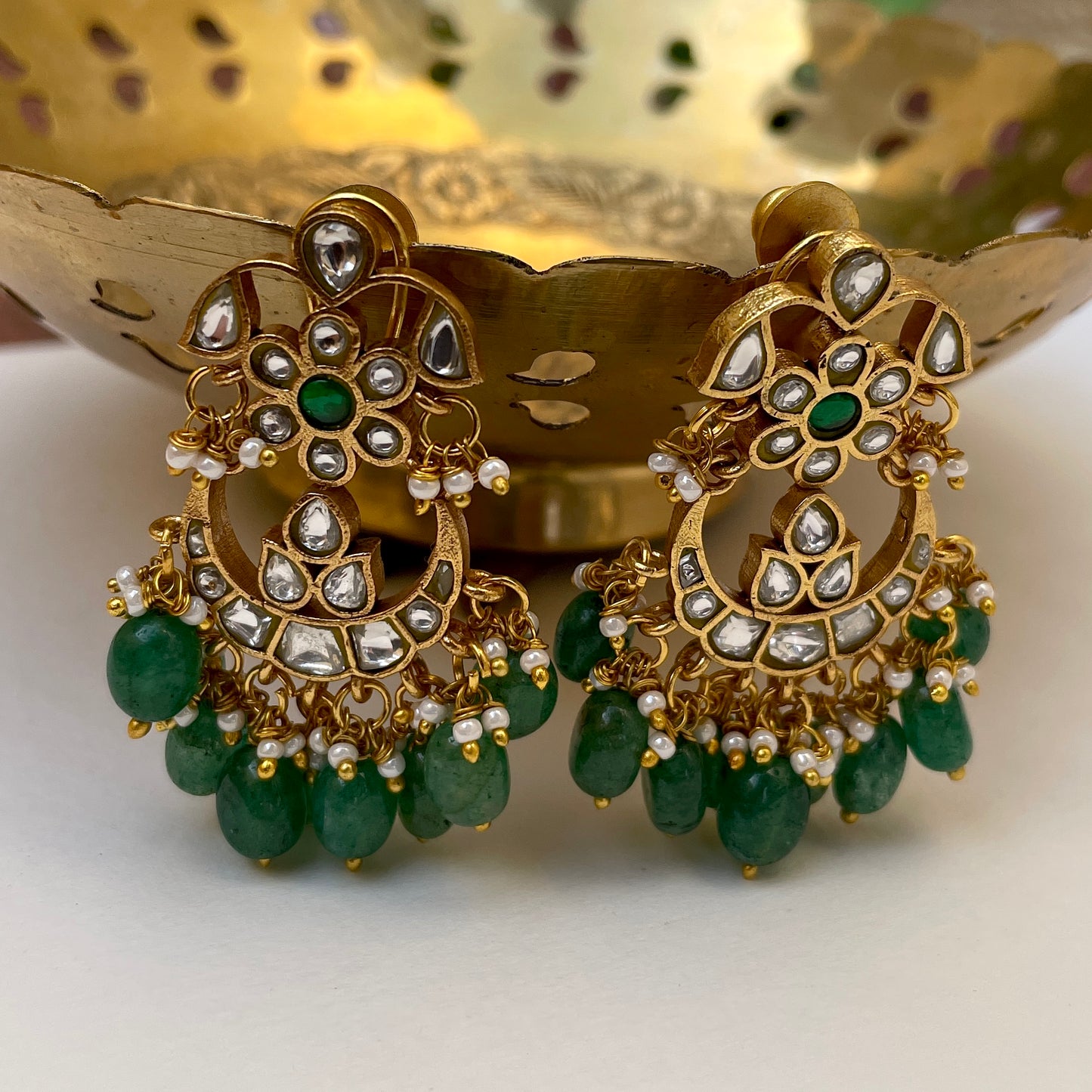 White Gaja Chandbali Jadau Earrings