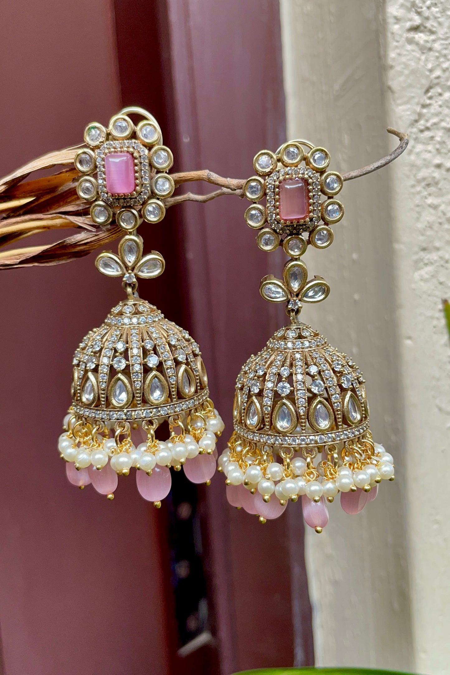 Rathan Pink Victorian Jhumki Earrings.